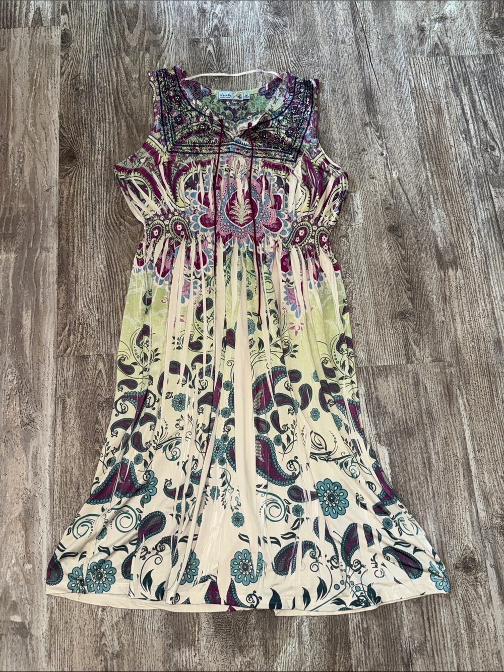 Unity World Wear Cream Maxi Dress with Teal and Magenta Paisley